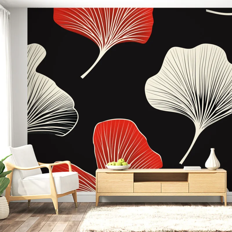 Papier peint ginkgo Motif graphique de feuilles rouges et blanches sur fond noir Jusqu'à Épuisement Des Stocks