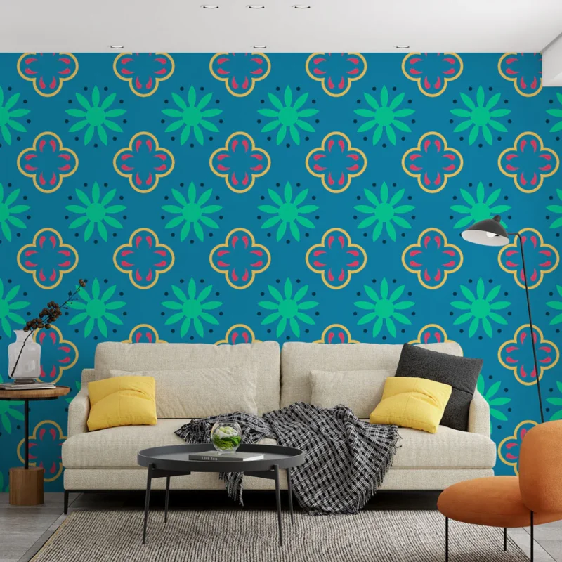Papier peint floral rétro Motif bleu et vert Commande En Gros