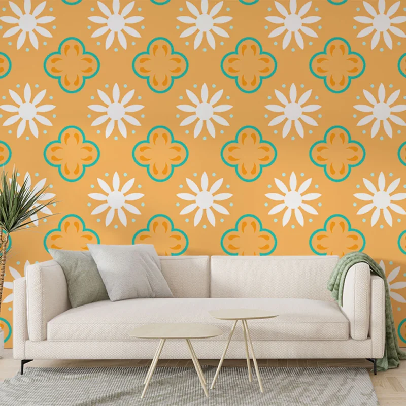 Authentique Papier peint floral géométrique Orange et Blanc