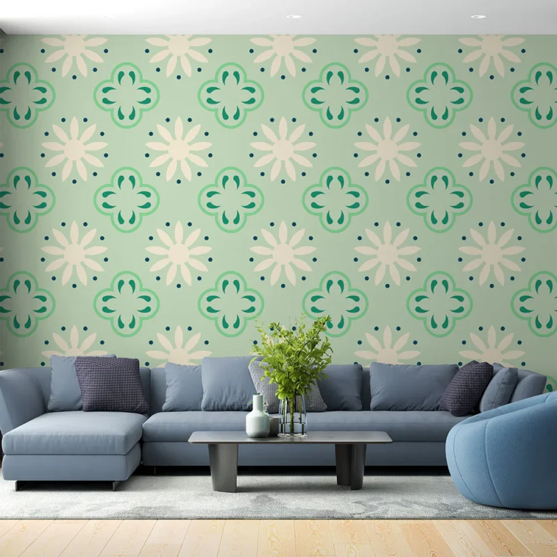 Expédié Aujourd'hui Papier peint floral Design rétro menthe et crème