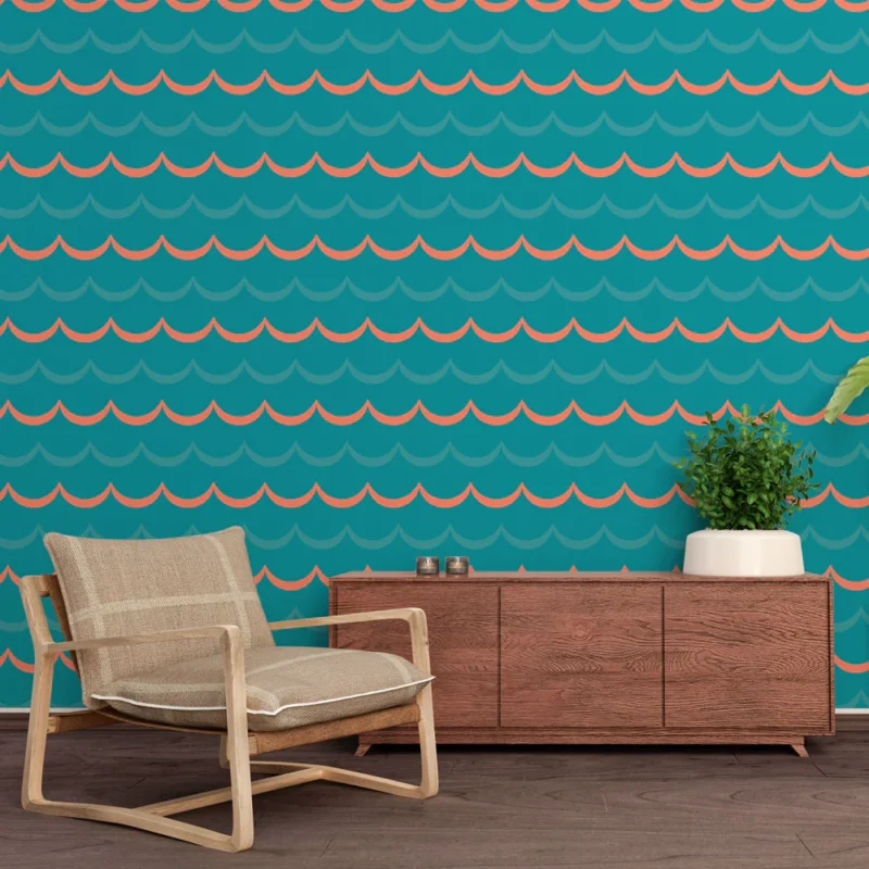 Prix Réduit Papier peint vague Motif ondulé turquoise et corail