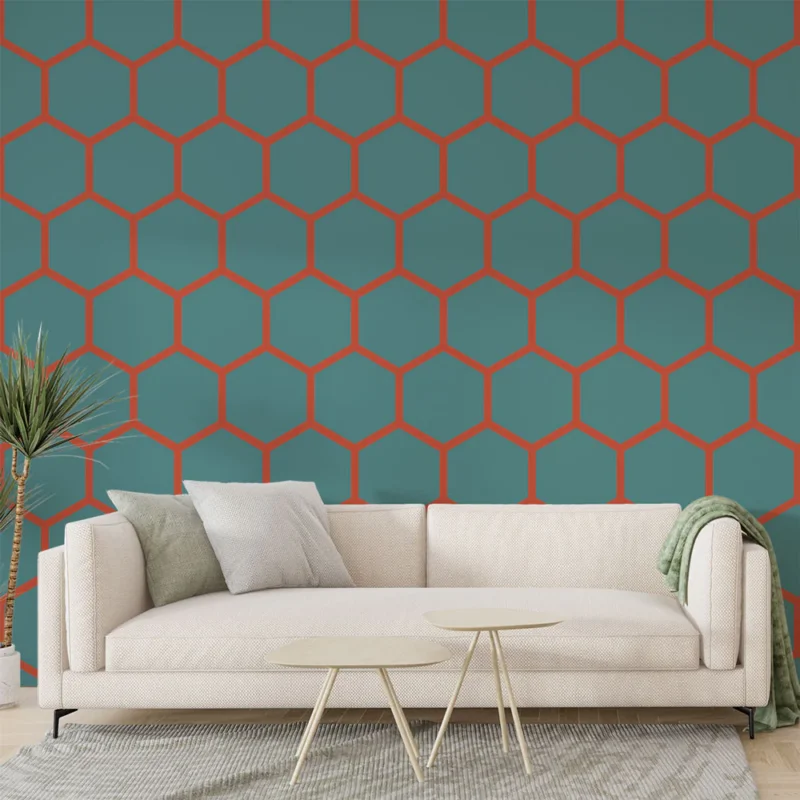 Acheter En Ligne Papier peint géométrique Motif hexagonal bleu et rouge