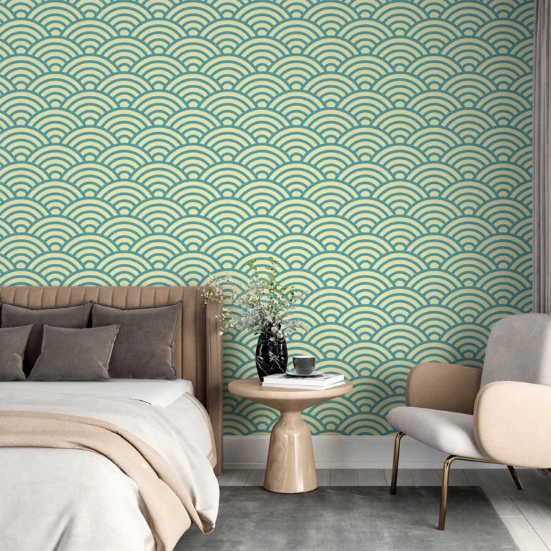 Papier peint motif japonais Vagues bleu et crème Promotion