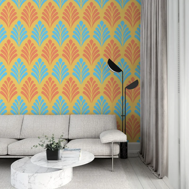 Papier peint vintage Motif rétro orange et bleu Prix Bas