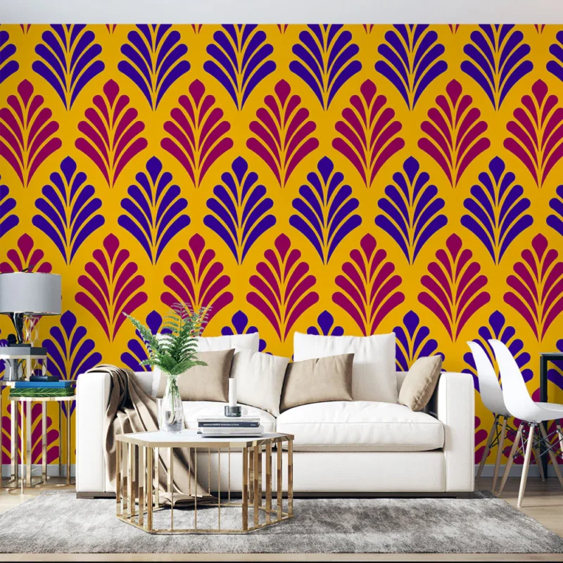 Papier peint damassé Violet et Rouge sur Fond Jaune Expédition Rapide