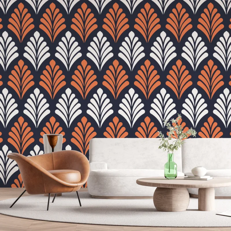Offre Exclusive Papier peint Art déco Motif géométrique orange et blanc sur fond noir