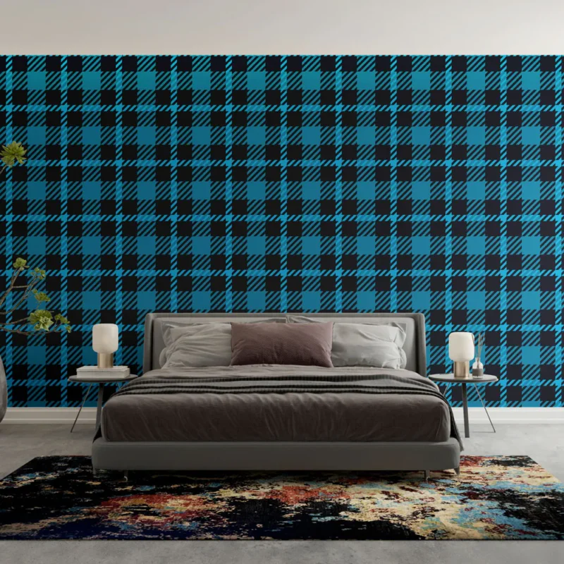 Acheter En Ligne Papier peint écossais Motif bleu et noir