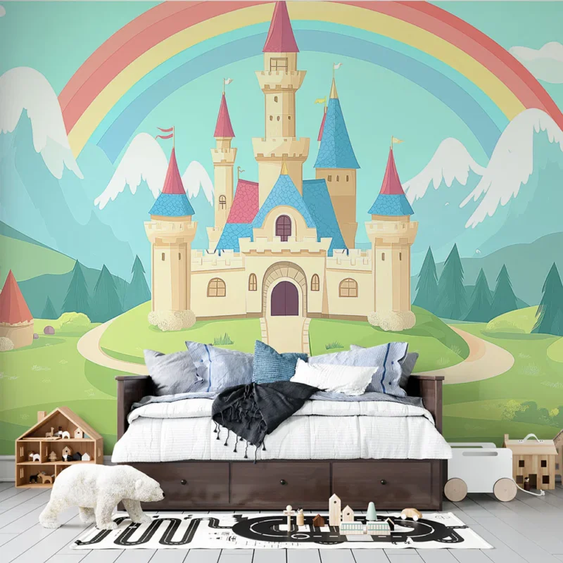 Papier peint château féerique Un paysage enchanteur avec un château coloré et un arc-en-ciel Retour Gratuit