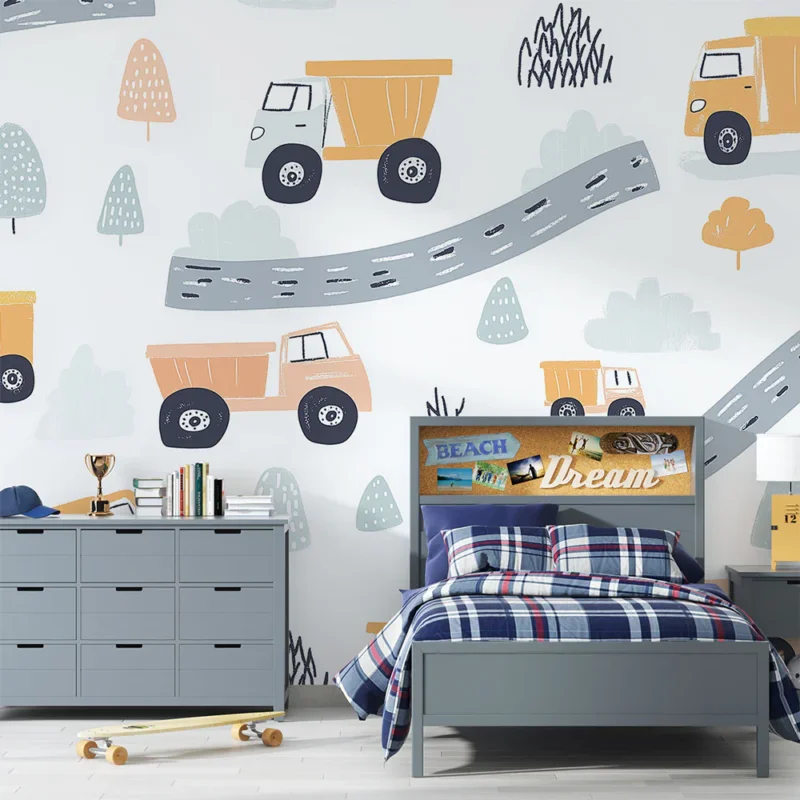Offre Limitée Papier peint véhicules Camions colorés sur fond ludique