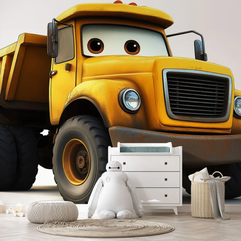 Papier peint camion benne cartoon Camion jaune à grands yeux pour enfants Prix Promo