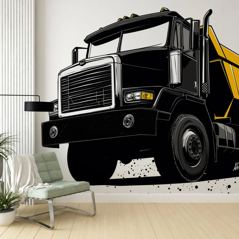 Papier peint camion benne noir et jaune Illustration d‘un camion lourd en action Livraison Express