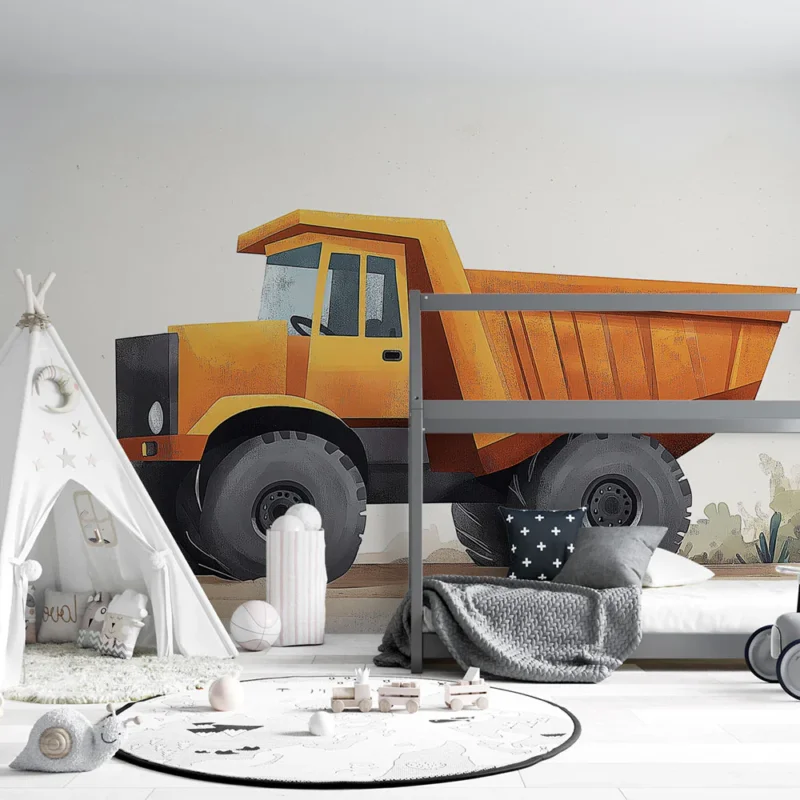 Papier peint camion benne Camion benne orange dans un décor cartoon Réduction