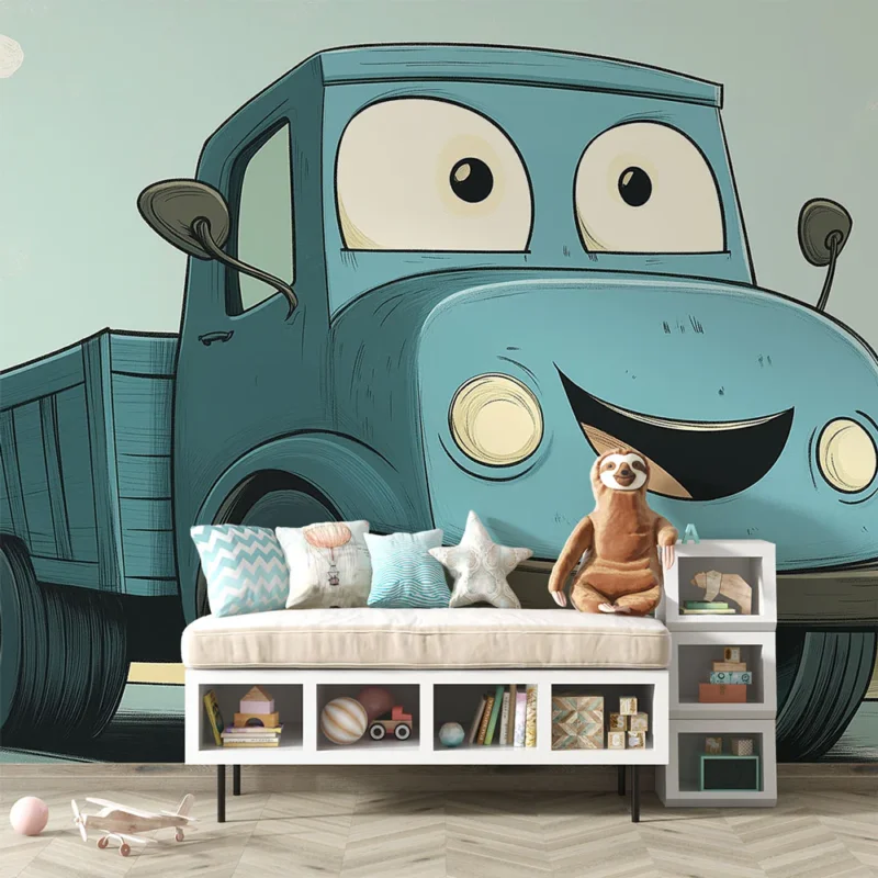 Papier peint camion mignon Un camion bleu joyeux dans un paysage d‘animation Seulement Aujourd'hui