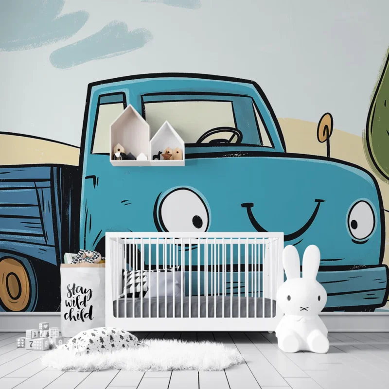 Papier peint camion mignon Illustration d‘un camion bleu souriant sur une route Usine Directe