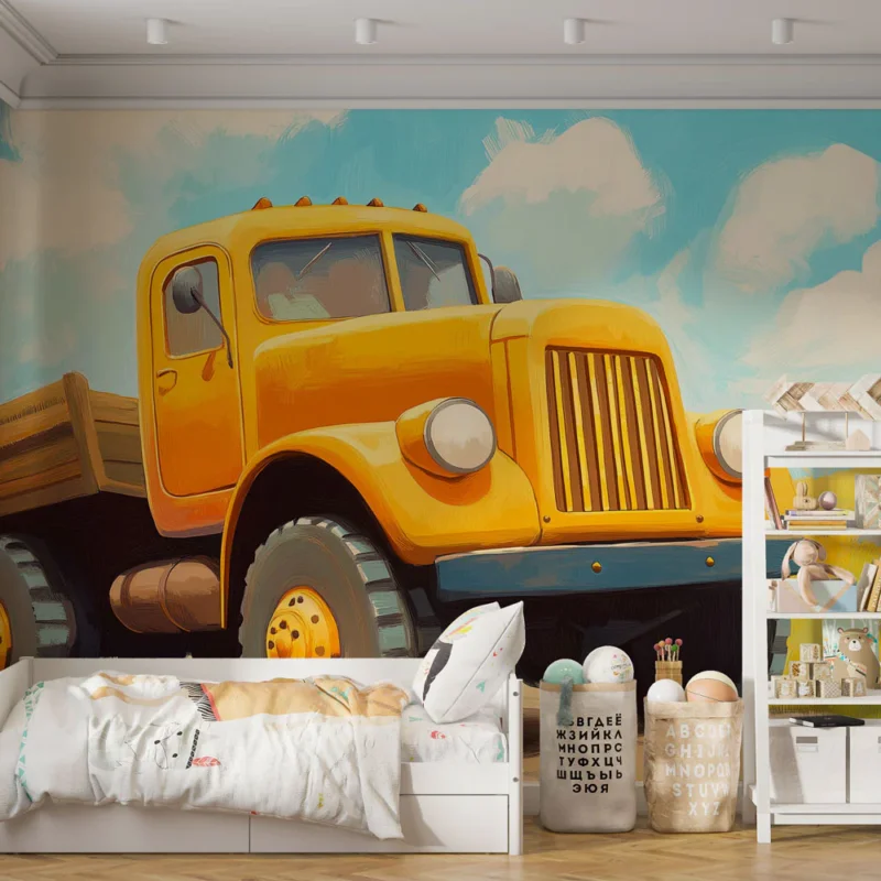 Offre Spéciale Papier peint camion jaune Camion vintage sur chemin de campagne ensoleillé