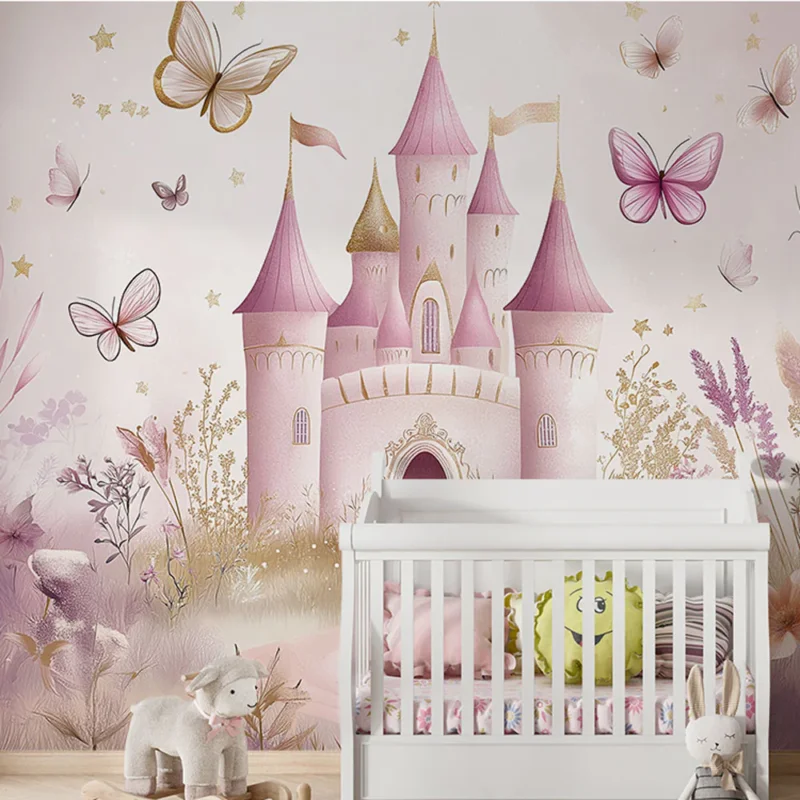 Papier peint château féerique Un monde enchanté avec un château rose et des papillons Prix Promo