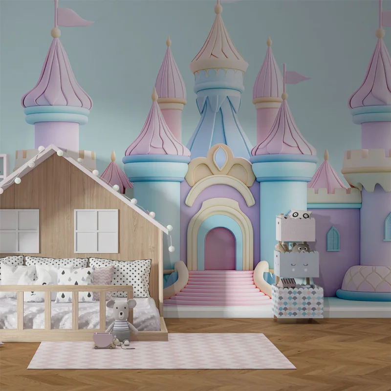 Authentique Papier peint château fantastique Château pastel avec des tours sinueuses et drapeaux