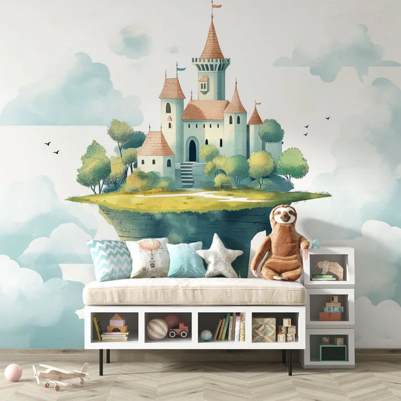 Papier peint château flottant Illustration d‘un château féerique entouré de nuages Achat Immédiat