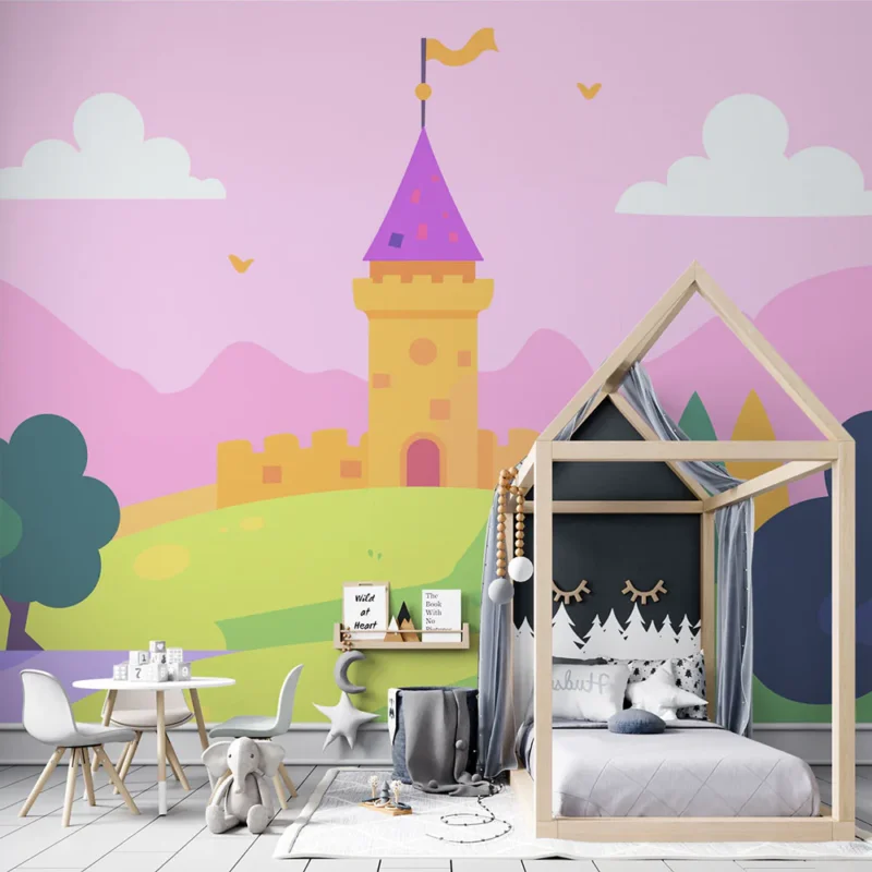 Papier peint château féerique Un paysage enchanteur avec un château coloré et des collines douces Promotion Saisonnière
