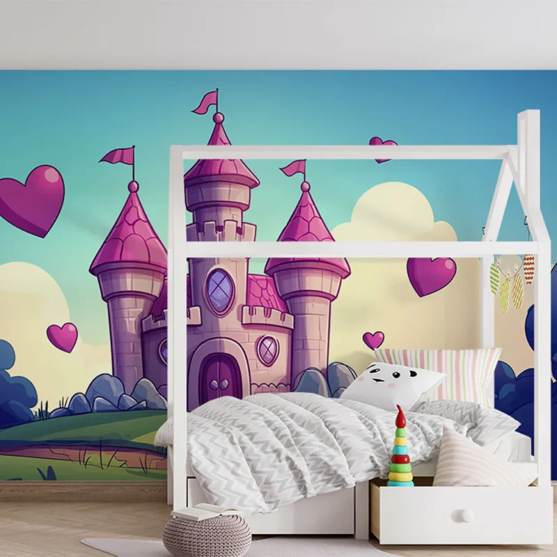 Bon Plan Papier peint château féerique Château romantique avec cœurs flottants