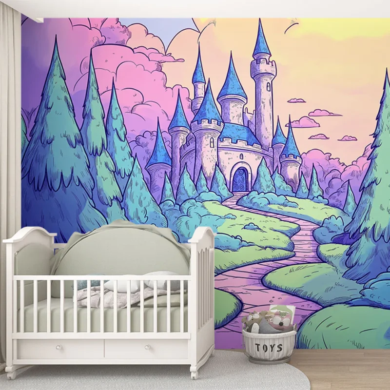 Papier peint château féérique Un chemin sinueux menant à un château entouré de forêts luxuriantes Bon Marché