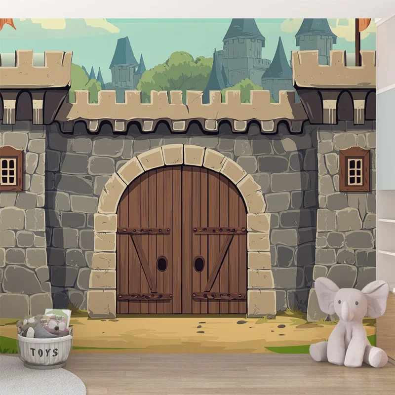 Papier peint château médiéval Illustration d‘une porte de château en pierre entourée de verdure Offre Du Jour