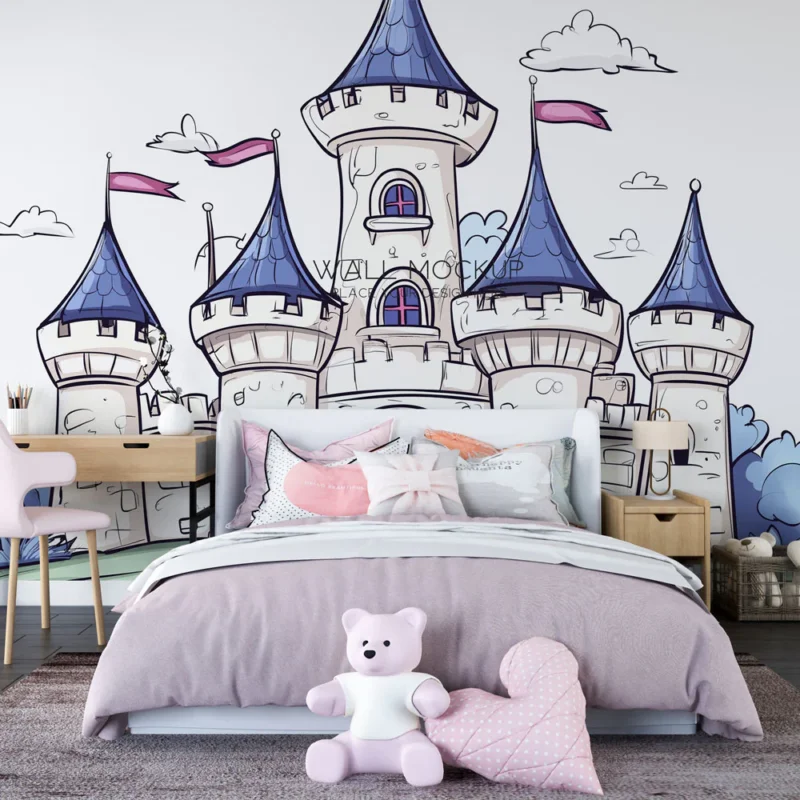 Acheter Direct Papier peint château féérique Un château mignon avec des tours et des drapeaux colorés