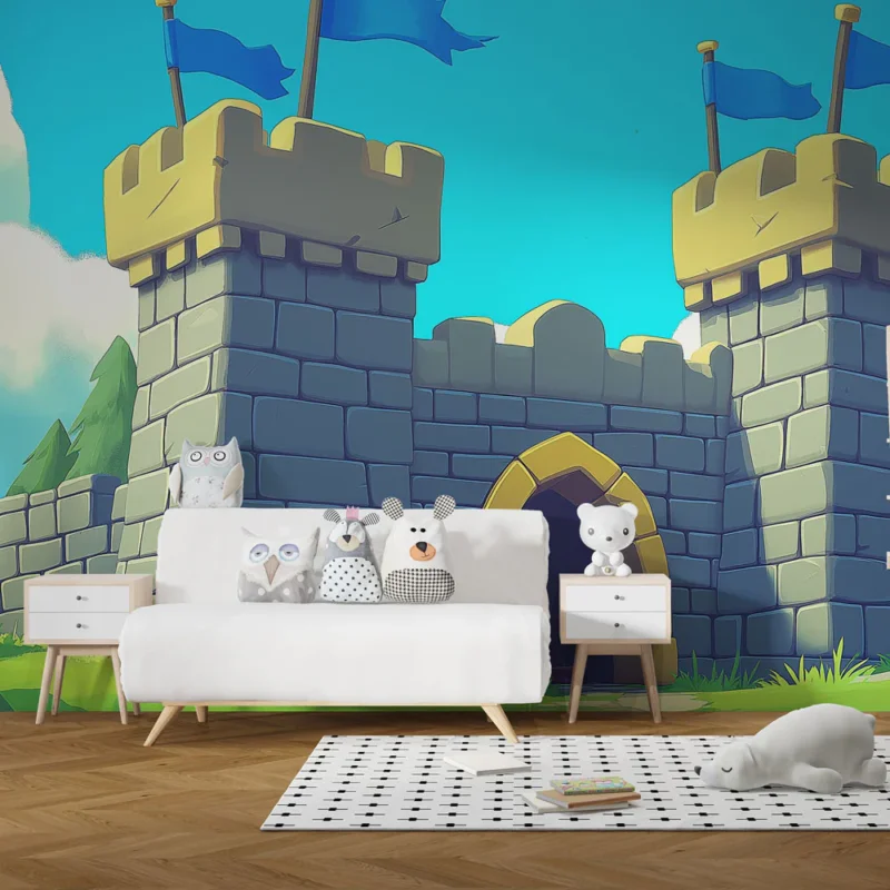 Papier peint château médiéval Illustration colorée d‘un château avec drapeaux et ciel bleu Usine Directe
