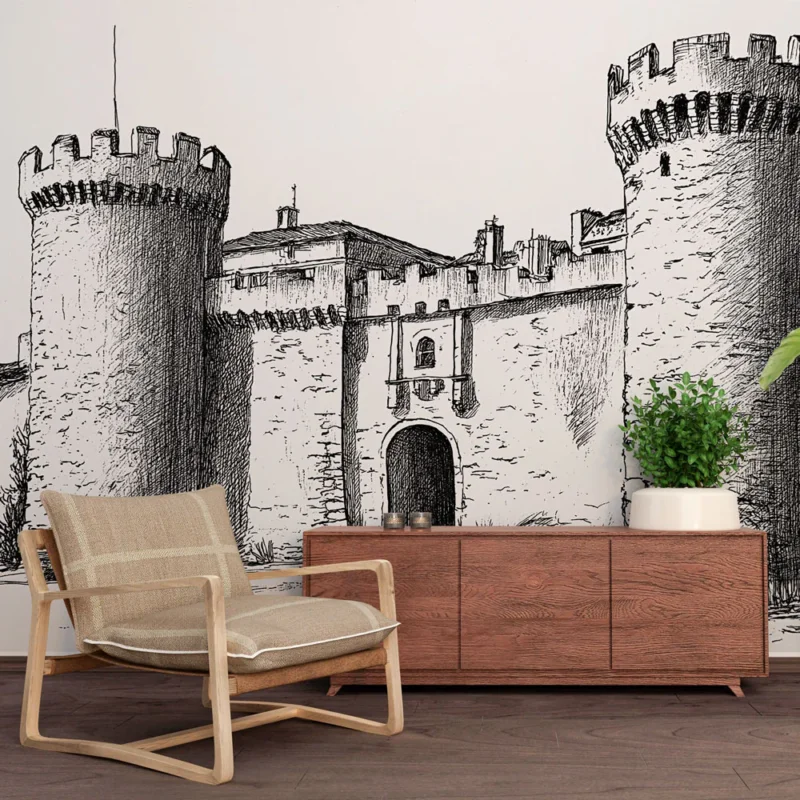 Offre Du Jour Papier peint château médiéval Illustration détaillée d‘un château avec tours et murs en pierre