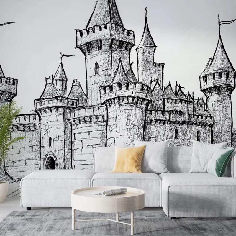 Papier peint château médiéval Dessin stylisé d‘un château avec tours et drapeaux Marque