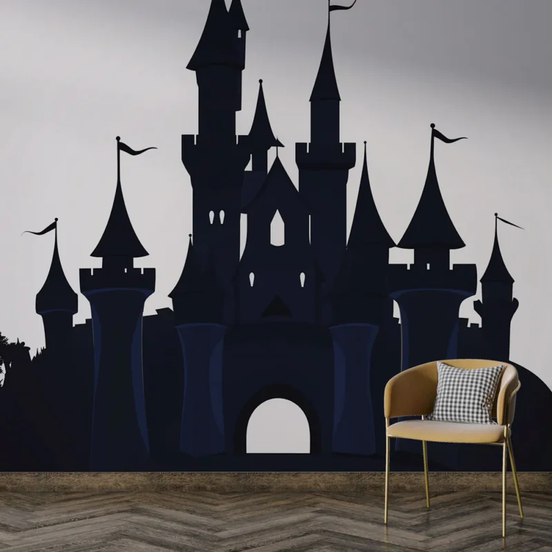 Jusqu'à Épuisement Des Stocks Papier peint château mystérieux Silhouette d‘un château imposant avec des tours et des drapeaux