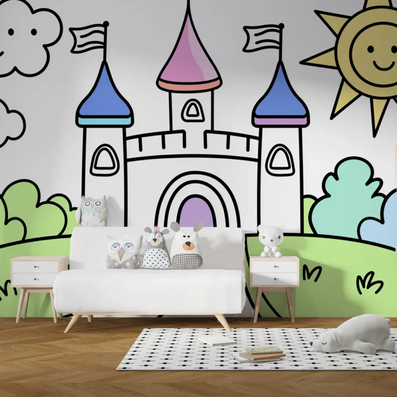 Papier peint château féérique Un château coloré sous un ciel ensoleillé Usine Directe