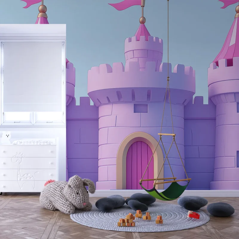 Papier peint château féerique Château en pastel avec tours et drapeaux roses Meilleur Prix