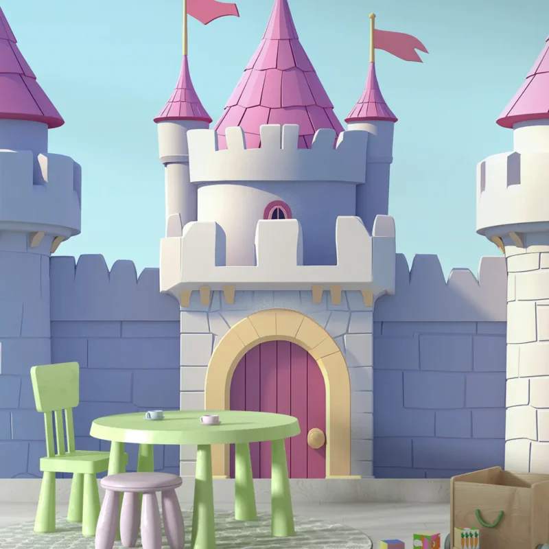 Authentique Papier peint château féerique Un château coloré avec des tours et des drapeaux