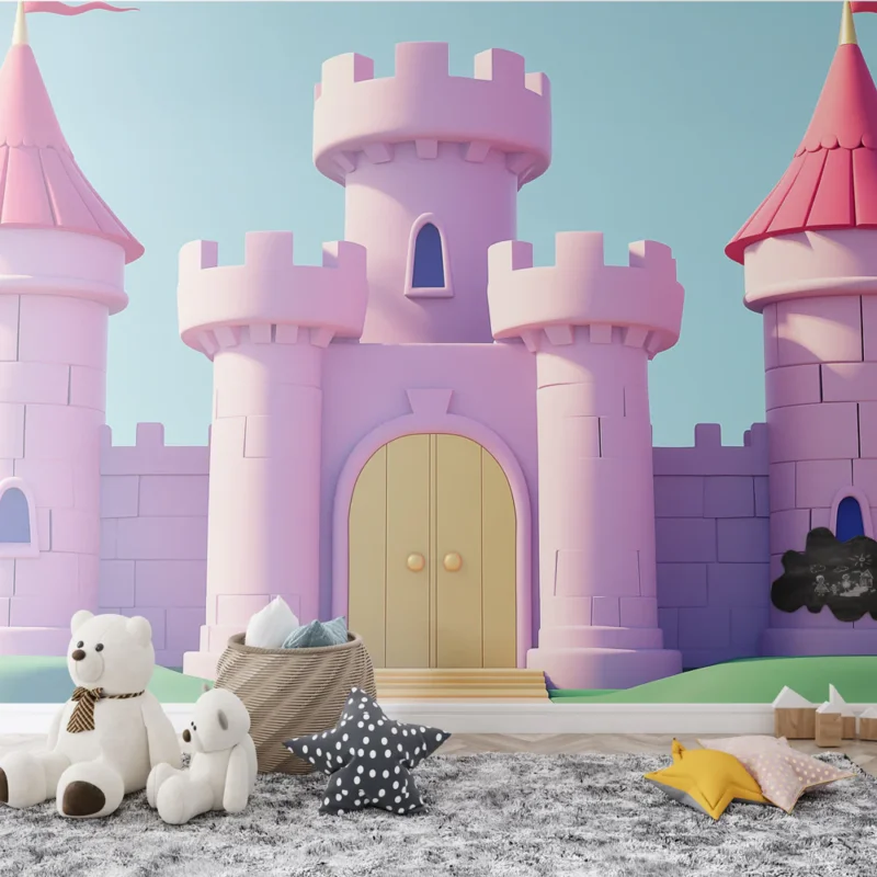 Papier peint château en jouet Château rose en style cartoon avec tours et drapeaux Produit De Marque