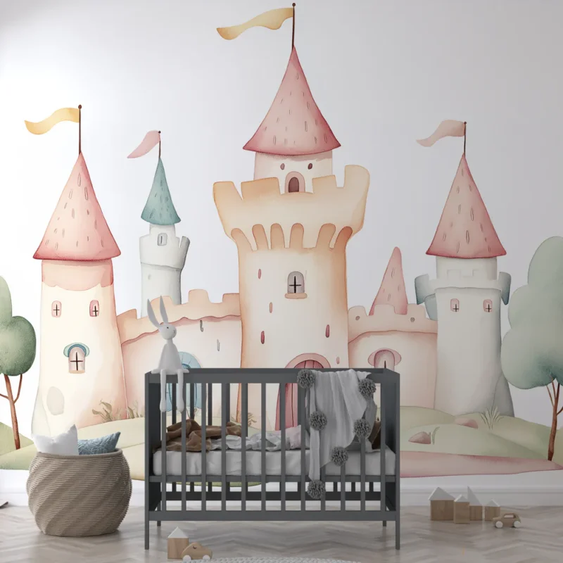 Papier peint château féerique Magnifique château coloré avec des tours et des arbres doux Paiement Sécurisé