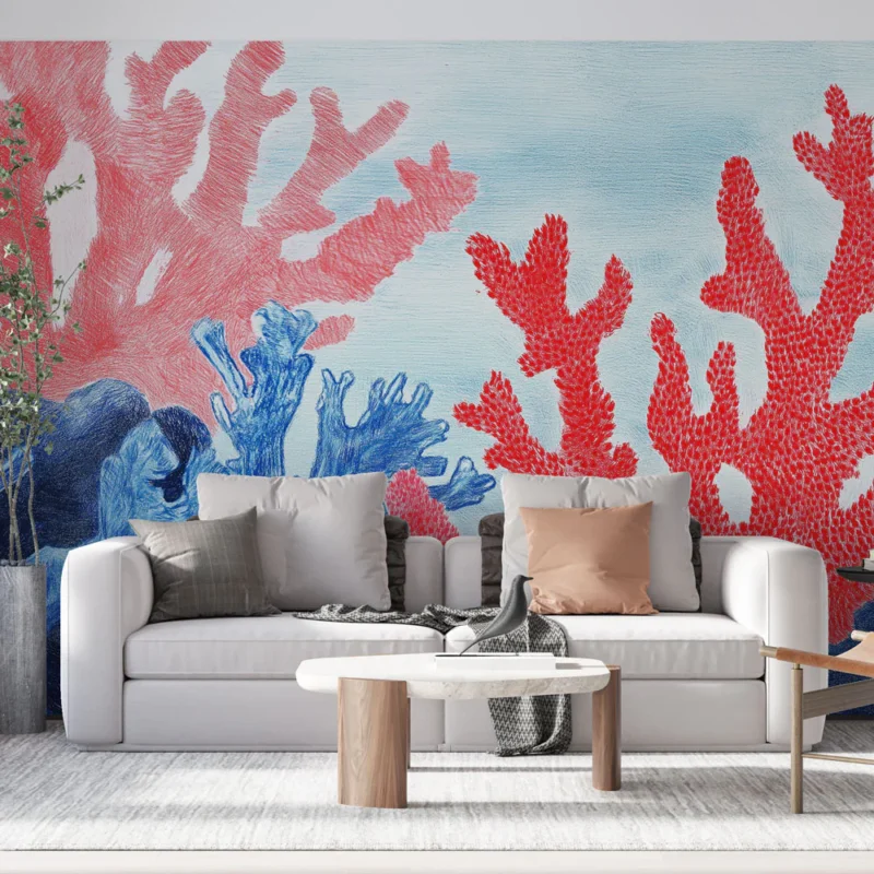 Papier peint corail Motif coloré de coraux sous-marins en rouge et bleu Pas Cher