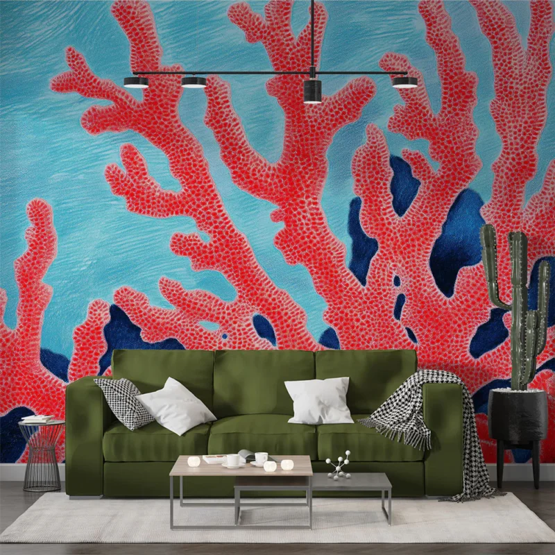 Papier peint corail Motif vibrant de corail rouge sur fond aquatique Affaire À Saisir