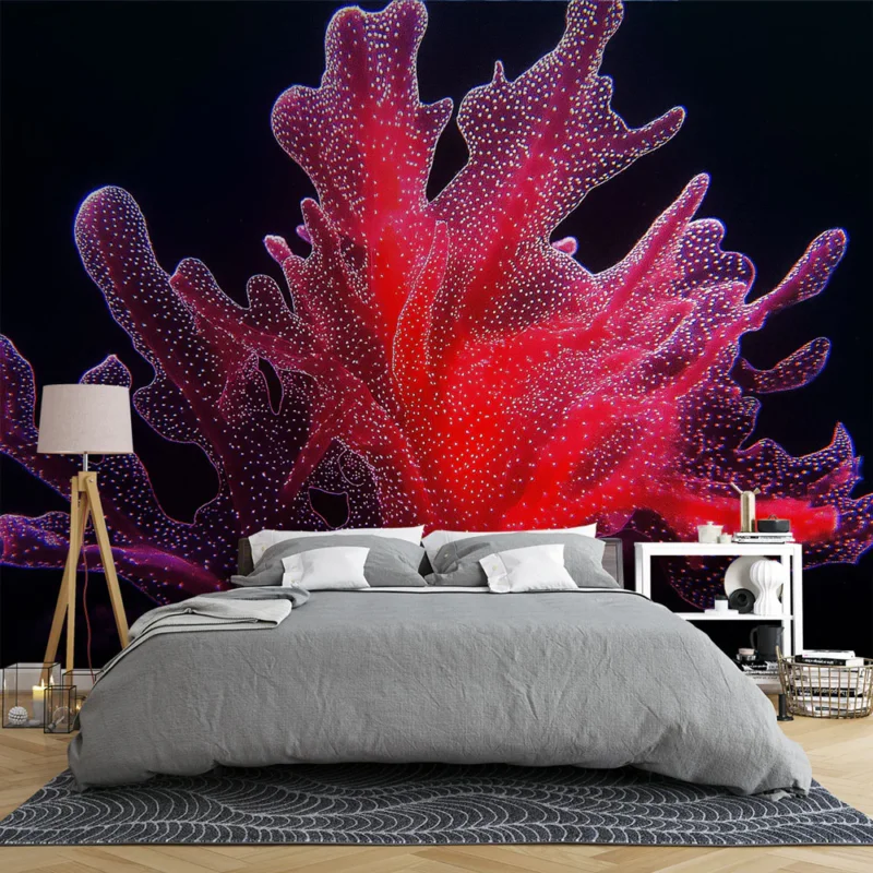 Papier peint corail Motif de corail rouge éclatant sur fond sombre Paiement Sécurisé