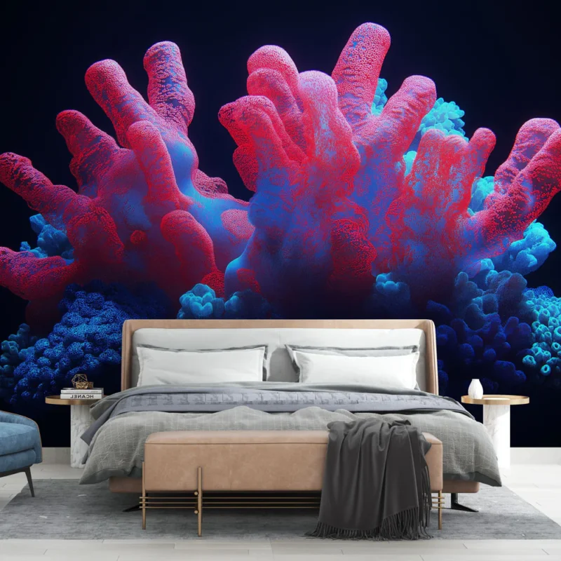 Papier peint corail coloré Motif artistique de corail en rouge et bleu Offre Du Jour