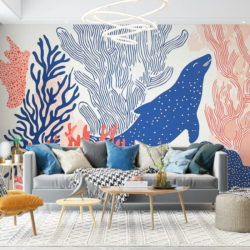 Papier peint corail marin Motifs de coraux et une silhouette de poisson colorée Achat Immédiat