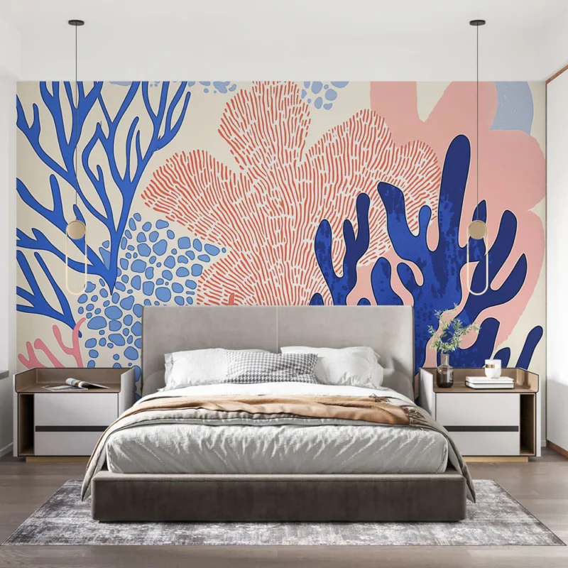 Papier peint corail Motif coloré de coraux stylisés en bleu et rose Prix Cassé