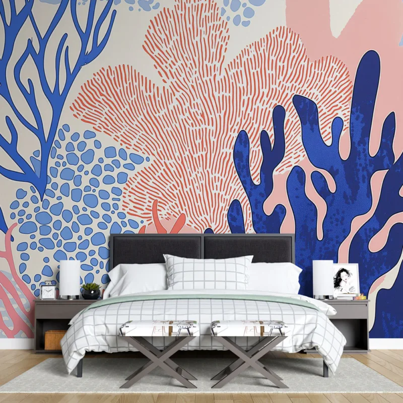 Papier peint corail Motif coloré de coraux stylisés en bleu et rose Satisfait Ou Remboursé