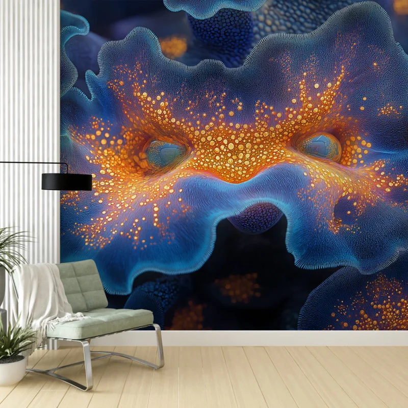 Nouvelle Collection Papier peint corail abstrait Motif de corail vibrant aux nuances bleues et oranges