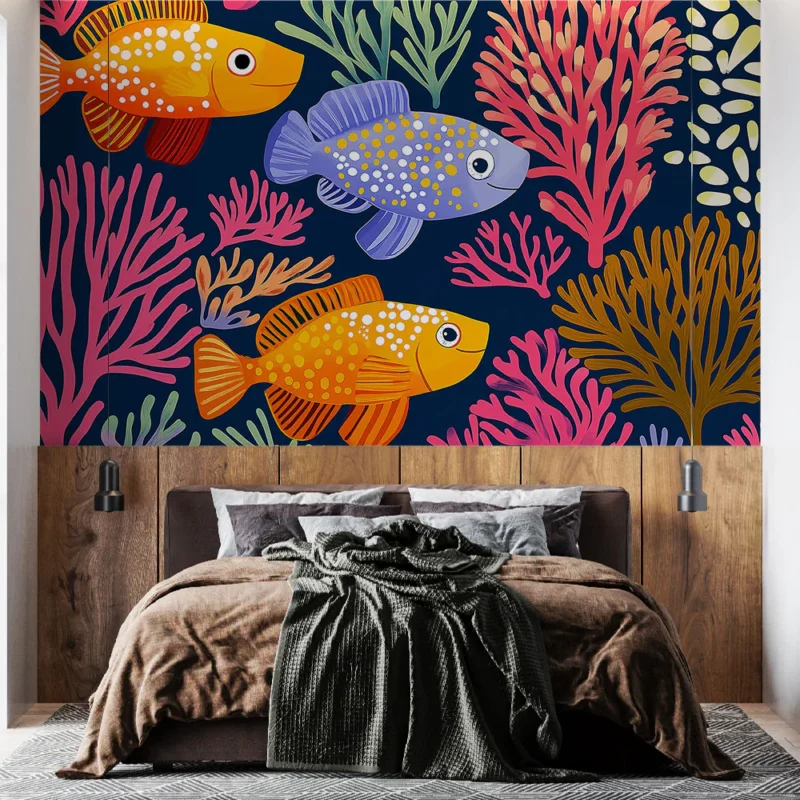 Marque Papier peint poissons colorés Motif aquatique avec des coraux vibrants