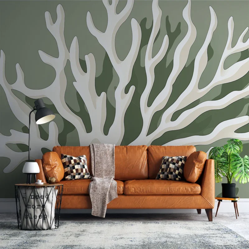 Meilleur Prix Papier peint corail Élégant motif de corail blanc sur fond vert