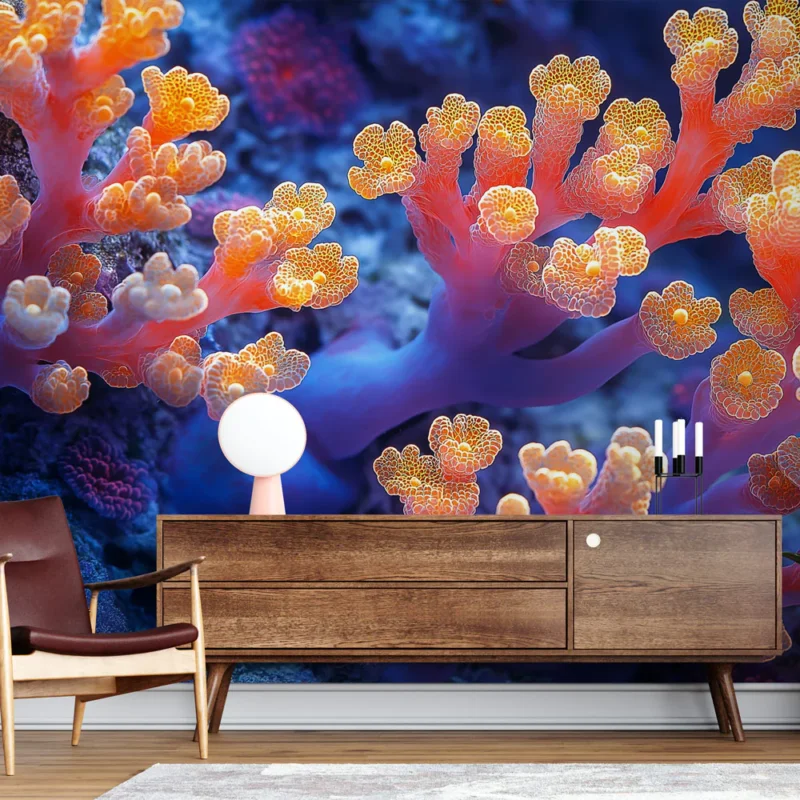 Offre Exclusive Papier peint corail Motif vibrant de corail rose et orange en milieu marin