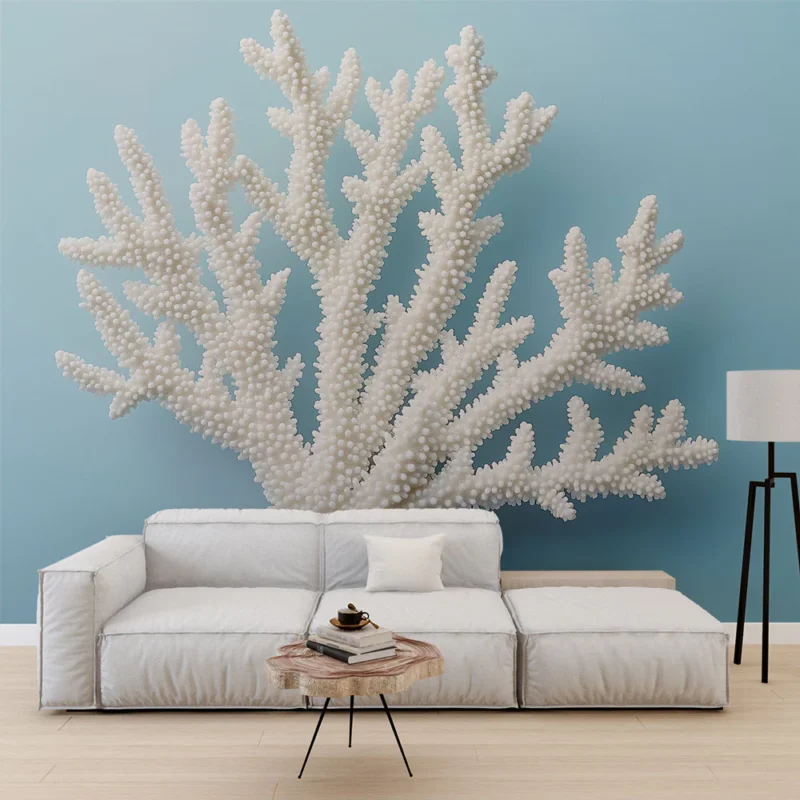 Authentique Papier peint corail blanc Élégant motif de corail sur fond bleu
