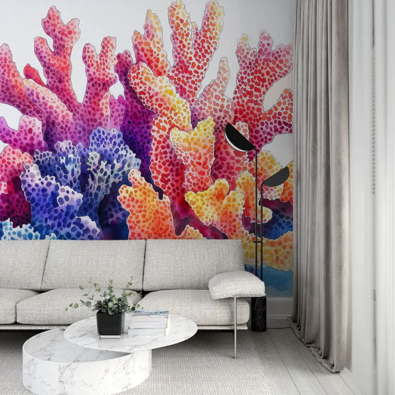 Papier peint corail Motif aquarelle de coraux colorés Vente Flash