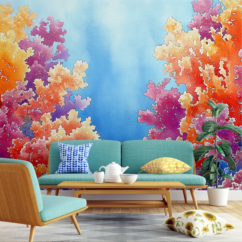 Dernière Chance Papier peint corail Motif aquatique avec des coraux colorés